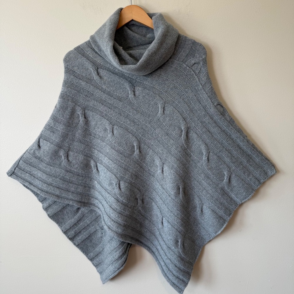 Del Santo 100% Cashmere Poncho OS Gray Italian Cable Knit Cowl Neck Sweater Cape